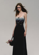 ベルベットプリントスリムスリップドレス