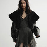 ジェンダーレス ラップ PUレザージャケット ファーカラー付き