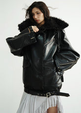 Dark Genderless PU Leather Lapel Jacket