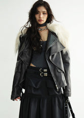 Long Fur Collar Rock-Inspired PU Jacket