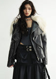 Long Fur Collar Rock-Inspired PU Jacket