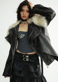 Long Fur Collar Rock-Inspired PU Jacket