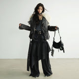 Long Fur Collar Rock-Inspired PU Jacket