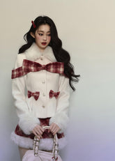 Plaid Wool Coat & Plush Skirt Set