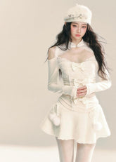 Lace Trim Off-Shoulder Slim Sweater