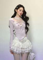 레이스 트림 V넥 니트 티셔츠