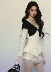 V-Neck Lace Trim Long Sleeve Knit Top