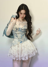 우아한 오프숄더 레이스 미디 드레스