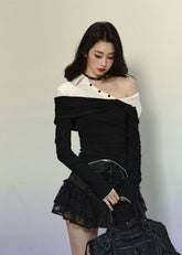 스티치 디테일 오프숄더 핏 탑