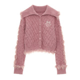 ハイカラーパッチワークウールセーターカーディガン