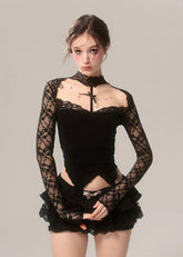 ブラックレースオフショルダーホルタートップ