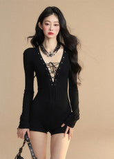 Vネックスリーブジャンプスーツ