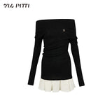 Off-shoulder black knitted sweater skirt hot skirt dress