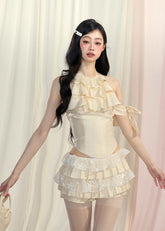 French Hanging Neck slimming Top Lace pleated Short Skirt