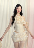French Hanging Neck slimming Top Lace pleated Short Skirt