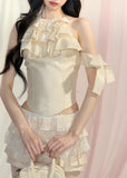 French Hanging Neck slimming Top Lace pleated Short Skirt