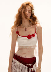 ローズフックフラワーキャミソールホワイトレイヤードトップ