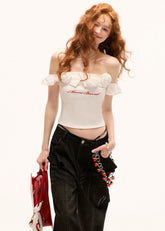 Rose flower off-shoulder slim short tops