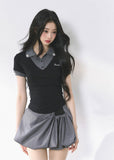 フェイクツーピースストレートショルダー半袖トップス