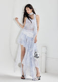Water Blue Jacquard Vest & Irregular Skirt Set