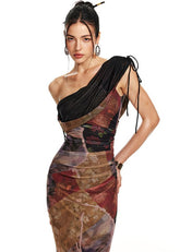 フィッシュテールプリントメッシュロングドレス