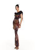 Fishtail printed mesh long dress