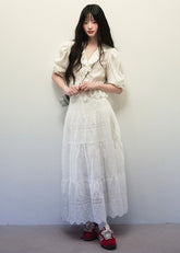 Bubble sleeve shirt and long skirt two piece set