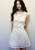 White Linen flower embroidered dress