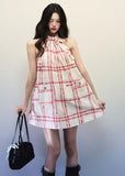 Red plaid halter neck ribbon dress