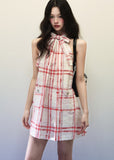 Red plaid halter neck ribbon dress