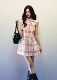 Red plaid halter neck ribbon dress