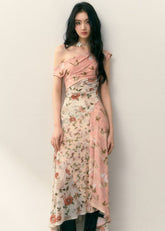 Diagonal shoulder patchwork floral dress