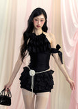 French Hanging Neck slimming Top Lace pleated Short Skirt