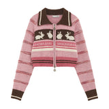 Striped rabbit double zipper knitted cardigan