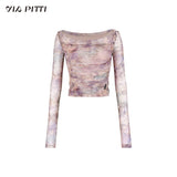 Rendering color design pure desire off shoulder mesh T-shirt
