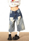 Washed Distressed 7/8 Length Loose Jeans
