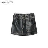 ヘビーカラーPUレザージャケットとレザースカートのツーピーススーツ