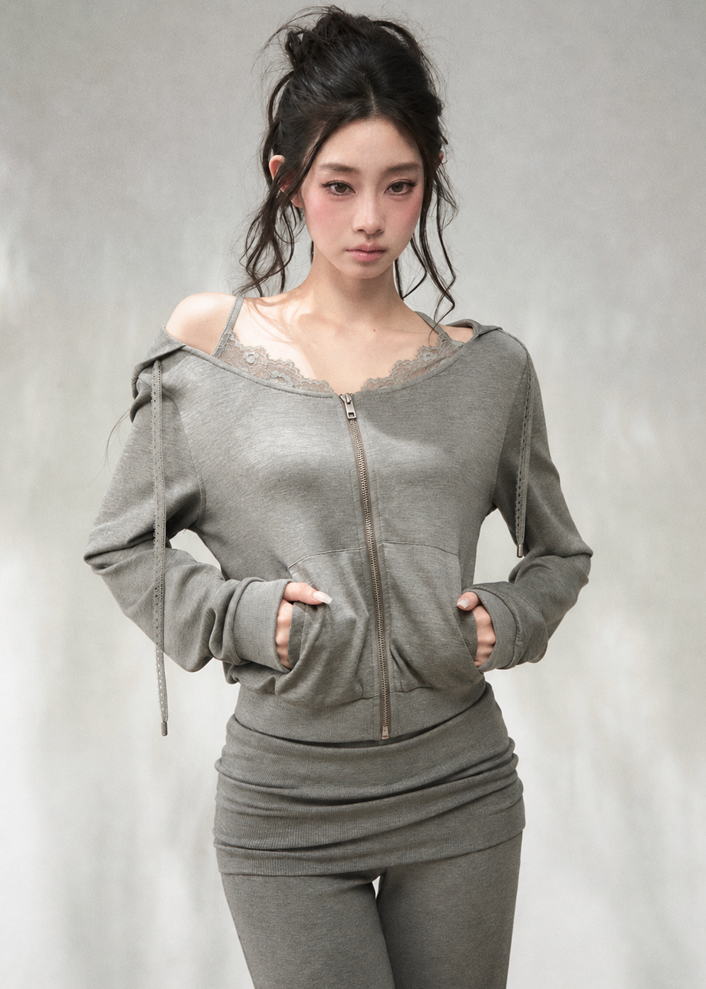 Heather grey lace-trim layered zip-up hoodie with wide neckline