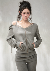 Heather grey lace-trim layered zip-up hoodie with wide neckline