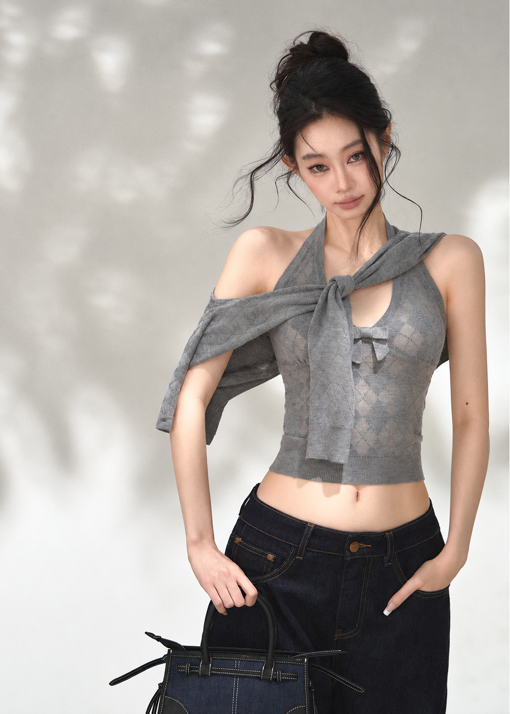 Cool grey argyle knit two-piece set with long sleeve cardigan