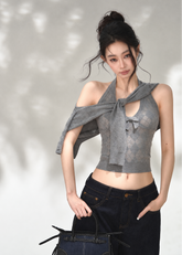 Cool grey argyle knit two-piece set with long sleeve cardigan