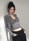 Women's bow detail halter knit top with coordinating cropped cardigan