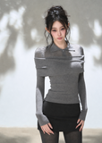 Grey off-shoulder draped polo knit top with foldover neckline