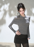 Grey off-shoulder draped polo knit top with foldover neckline