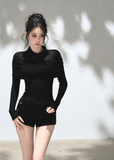 Black slim-fit polo knit top with asymmetric foldover shoulder design