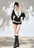 Vintage-inspired collared shirt and fitted wrap-style knit top set