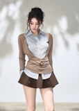 Women's two-piece layered knit and sleeveless shirt set with buckle waist
