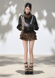 Black double-breasted cropped faux leather jacket with stand collar