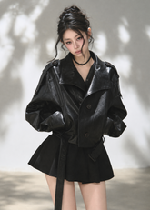 Black double-breasted cropped faux leather jacket with stand collar