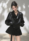 Black double-breasted cropped faux leather jacket with stand collar